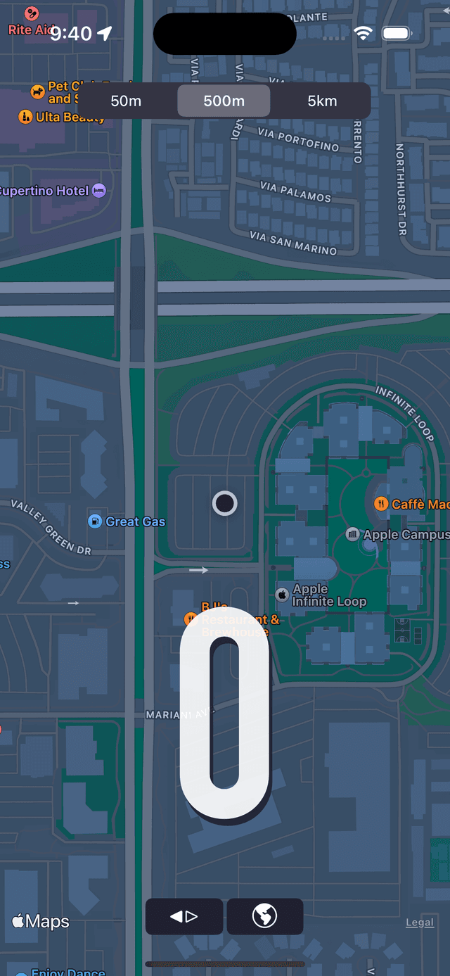 Dark mode with street map, 500m